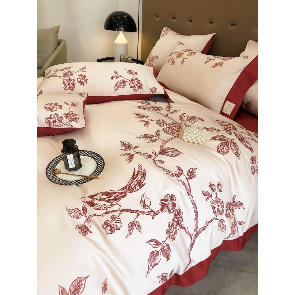 Bộ Chăn Ga Cưới Lụa 100s Thêu Hỷ Tước Cát Tường Luna Bedding