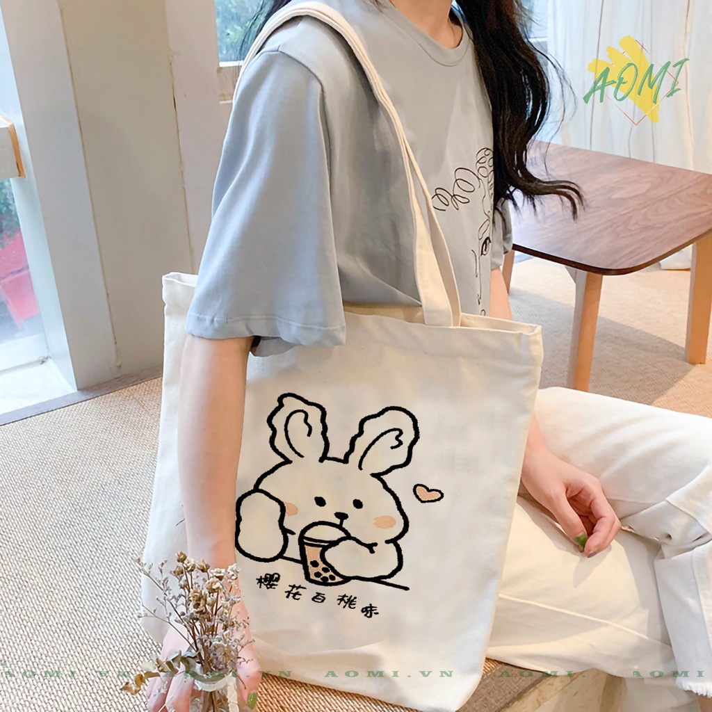 TOTE CANVAS khủng long thỏ phi hành gia cute TÚI VẢI ĐEO VAI BAG CÓ KHÓA KÉO SIZE 33x38cm AOMIVN DU LỊCH DẠO PHỐ AOMI