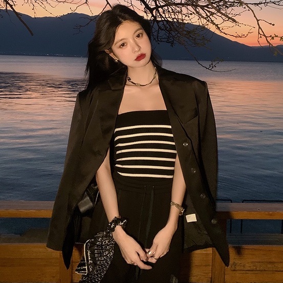 Xiaozhainv Áo Dệt Kim Hai Dây Kẻ Sọc Phong Cách Hàn Quốc Gợi Cảm Cho Nữ