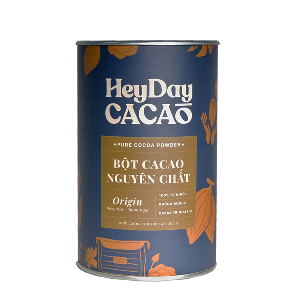 Bột cacao nguyên chất không đường Heyday Cacao - Thượng Hạng 24% Bơ Cacao, Chứng Nhận UTZ - Lon Giấy 200g