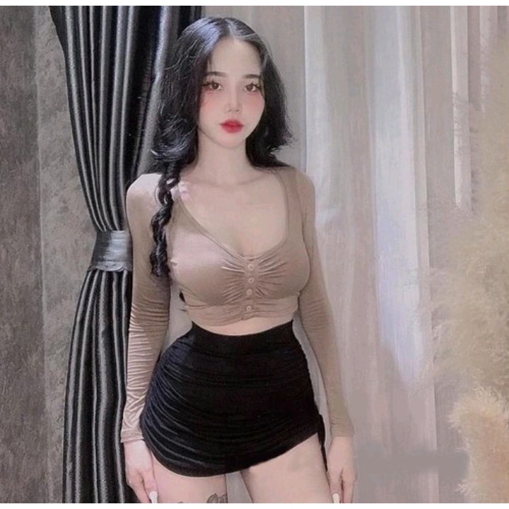 Áo croptop nhún ngực tay dài phối nút chất thun Lụa mềm mịn Cam Kết Hàng Y Hình Kèm Ảnh Thật Chính Chủ