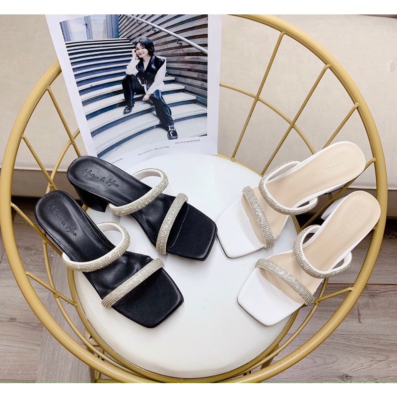 Dép cao gót 2 quai đá to gót vuông da lì 6p chắc chân sang xịn