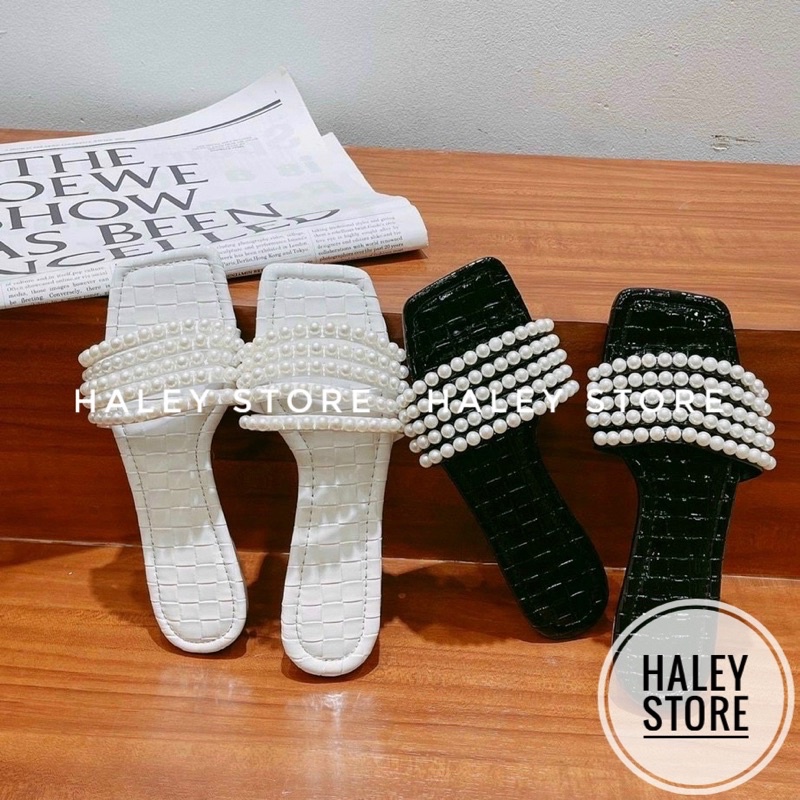 Dép lê đế bệt nữ HALEY STORE mũi vuông da bóng quai ngang đính ngọc xinh hotrend đi chơi đi biển đi trong nhà