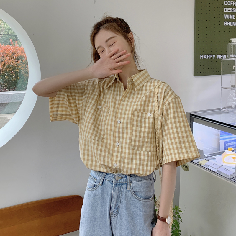 SUXI Áo sơ mi ca rô ngắn tay phong cách thời trang dành cho nữ