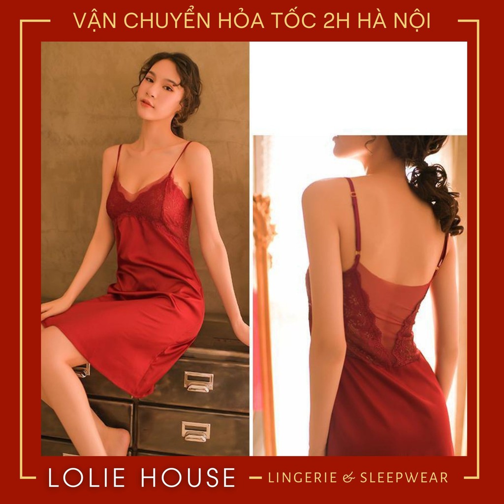 Váy ngủ lụa cao cấp phối ren sexy Đầm ngủ lụa 2 dây sexy dành cho nữ LOLIE HOUSE - VN26