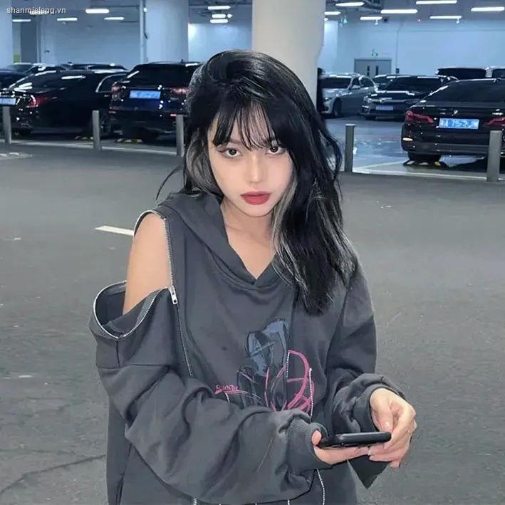 Áo hoodie dáng rộng phối khóa kéo đính đá thời trang xuân thu dành cho nữ