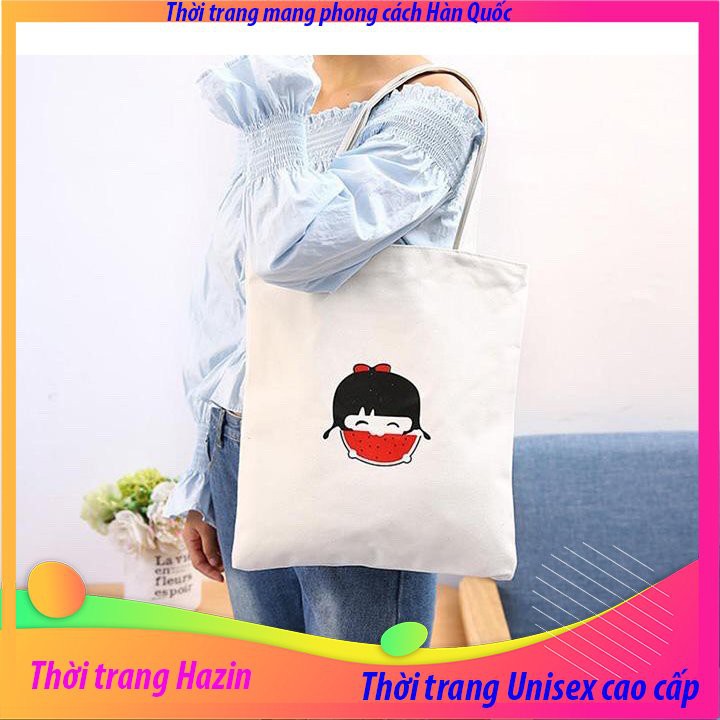 [TẶNG QUÀ HẤP DẪN] Túi tote vải bố đựng đồ canvas phù hợp đi học đi làm in hình búp bê ăn dưa hấu