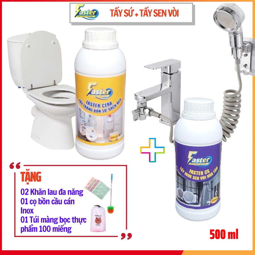 (RẺ HƠN 20K) Combo Nước Tẩy vòi sen nhà tắm, Tẩy Cặn Canxi Inox &amp; Tẩy Trắng Sứ, toilet,Tẩy Trắng Gạch Faster 500ml