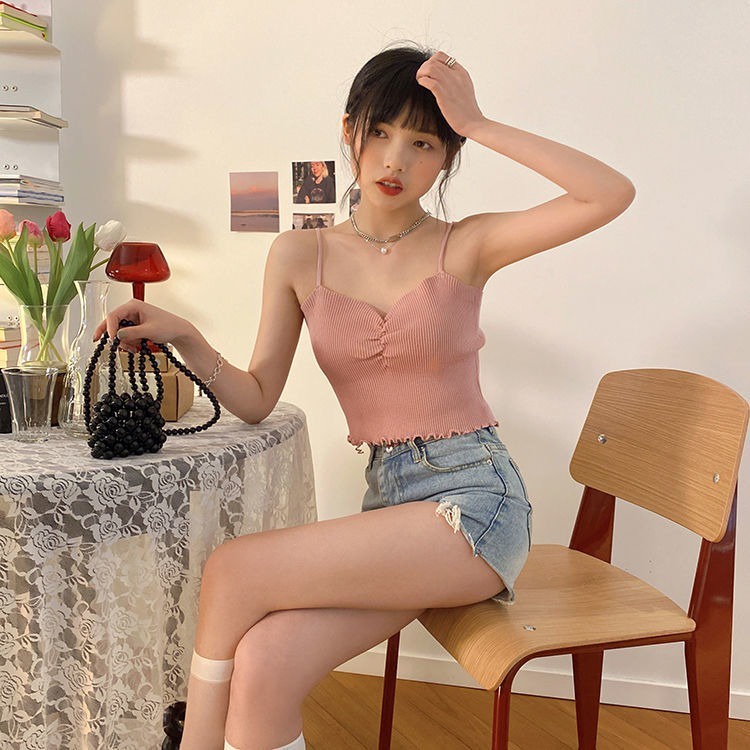 Áo hai dây ZHELIHANGFEI dệt kim màu sắc đơn giản quyến rũ thời trang cho nữ