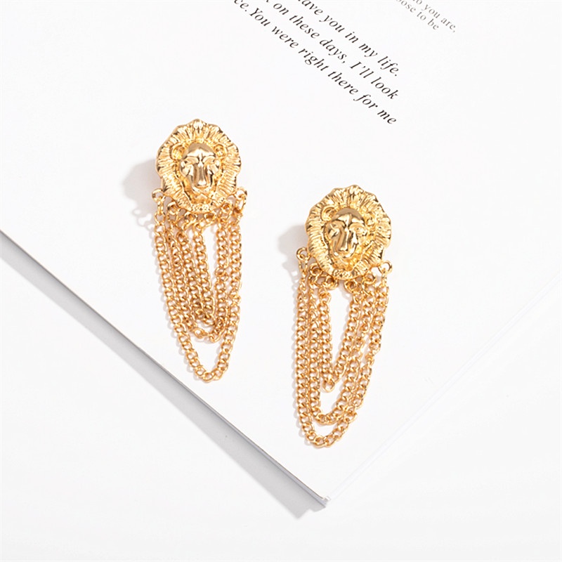 Bông Tai Kim Loại Hình Đầu Sư Tử Phối Dây Xích Dáng Dài Phong Cách Hip Hop Thời Trang Cho Nữ