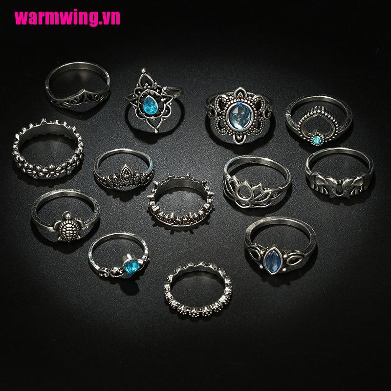 Bộ 13 Nhẫn Đeo Đốt Ngón Tay Hình Rùa Đính Pha Lê Xanh Phong Cách Boho