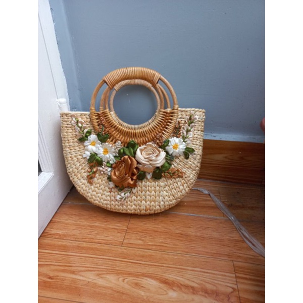 Túi cói lục bình tự nhiên quai mây hoa nâu