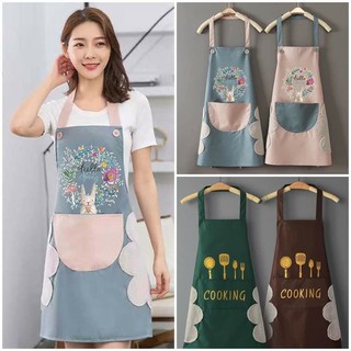 Tạp dề, tạp dề nấu ăn chống thấm nước nhiều họa tiết có túi đựng và lau tay - phong cách Hàn Quốc
