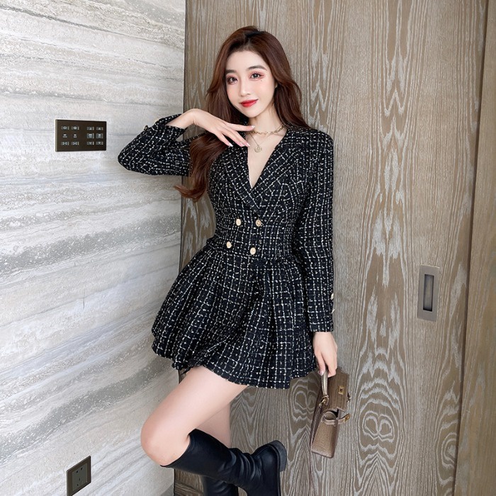 Váy Dạ Tweed Kẻ Sọc Cổ Vest Phong Cách Sang Chảnh_ hàng ORDER