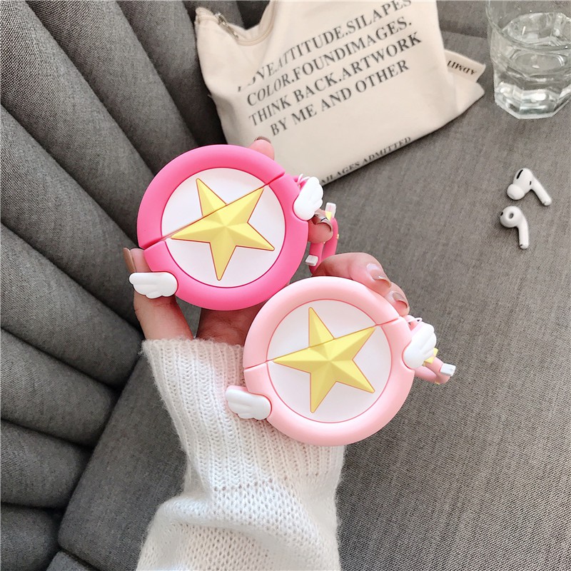 Lilyrose Store/ #Pink Star Airpods Case Sailor #oon Pentagram Airpods 1/2 Case Bluetooth Headset Anti-fall Silicone Soft Protection Case Headset Case With Lanyard