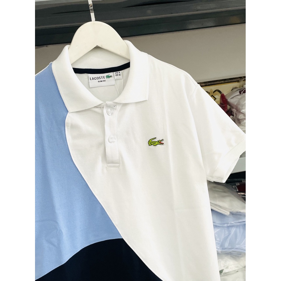 [HÌNH THẬT] ÁO THUN CỔ TRỤ LACOSTE TRẮNG XANH VNXK   - COTTON 100%