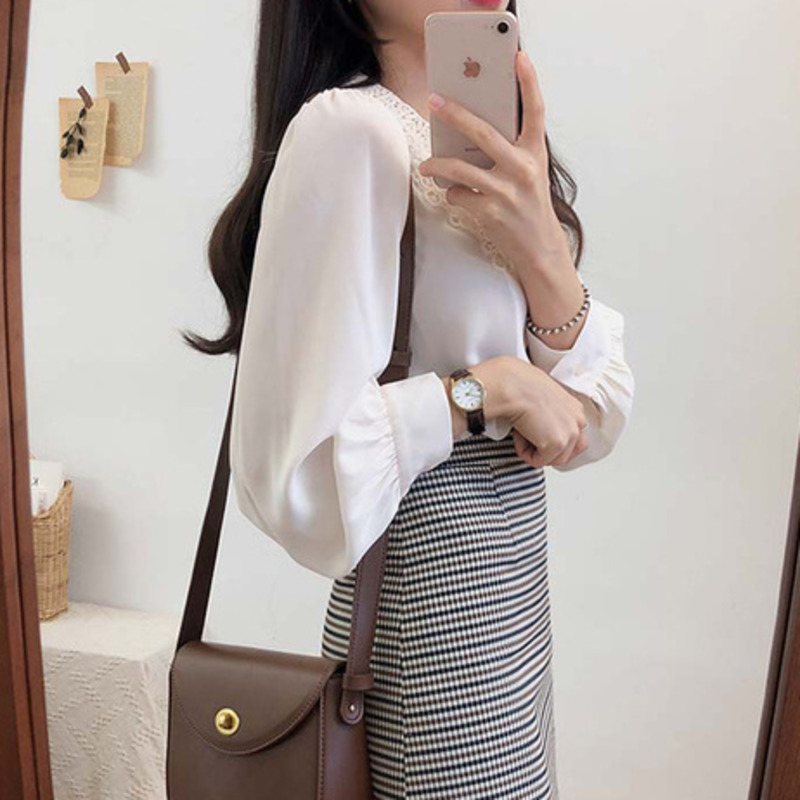 Áo Sơ Mi Nữ Tay Dài Cổ Phối Ren Phong Cách Retro