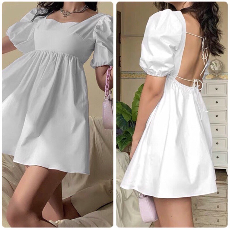 Váy babydoll trắng BlaPink hở lưng chéo dây có lót vải lụa mịn màng- BELLA DRESS T194 | BigBuy360 - bigbuy360.vn