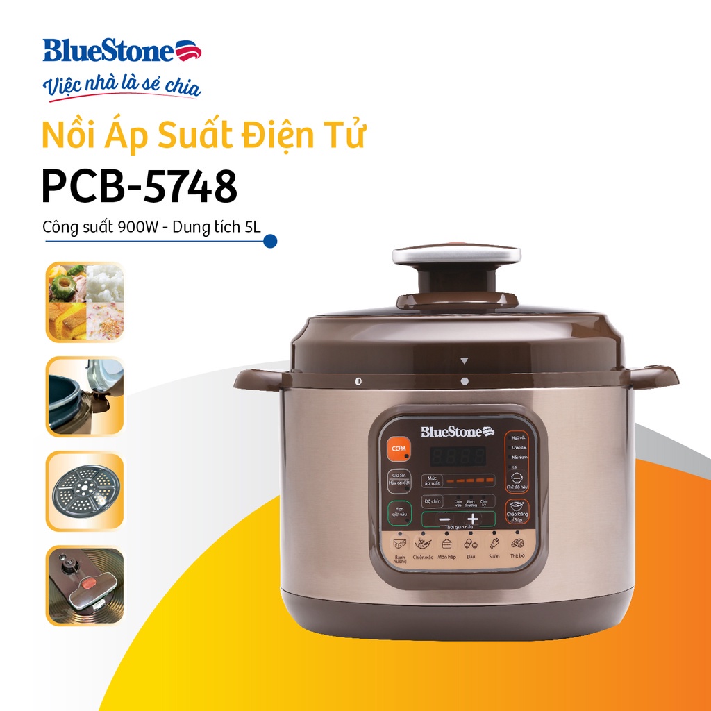 [Mã ELHAMS5 giảm 6% đơn 300K] Nồi áp suất điện tử BlueStone PCB-5748, 900W-5Lit, Bảo Hành Chính Hãng 2 Năm