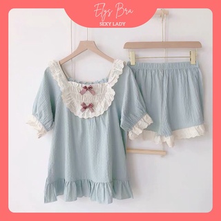 Bộ ngủ nơ bánh bèo chất cotton siêu mát