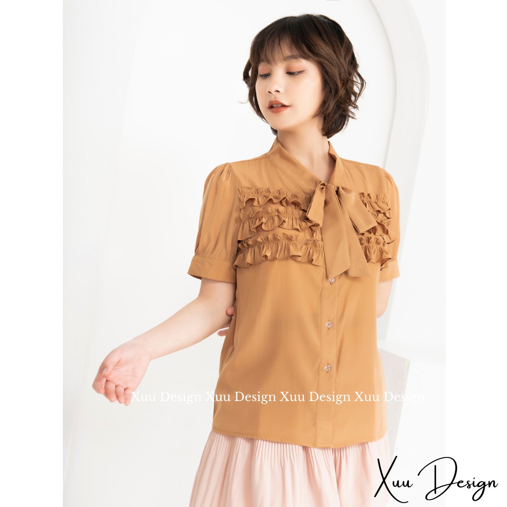 Áo kiểu nữ cổ nơ phối bèo Xuu Design, Áo sơ mi bèo bèo ngực chất vải Lụa Hàn dáng suông [TK21.05 Nâu]