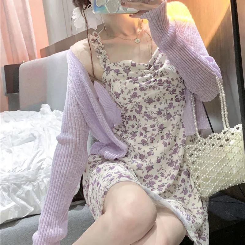 Đầm hai dây họa tiết hoa ZHELIHANGFEI / Áo khoác cardigan ZHELIHANGFEI dệt kim thời trang xinh xắn cho nữ