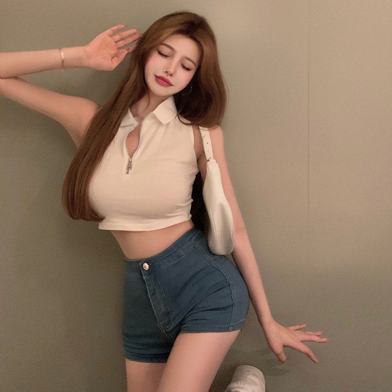 Áo Croptop Dệt Kim Sát Nách Phối Khóa Kéo Trước Thời Trang Mùa Hè Quyến Rũ Cho Nữ