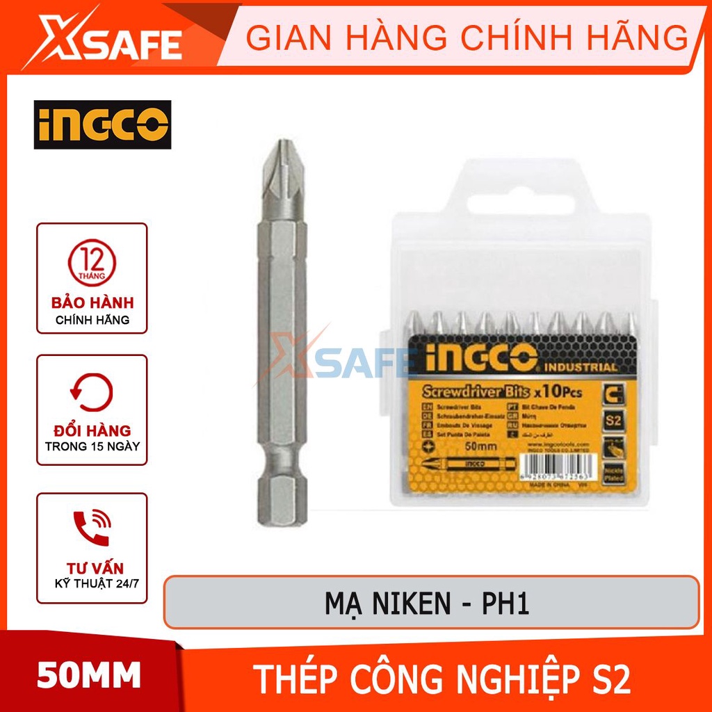 Bộ 10 đầu bắn vít bake INGCO PH1/2/3x50mm thép công nghiệp mạ niken, đầu lục giác nhiều size [CHÍNH HÃNG][XSAFE]