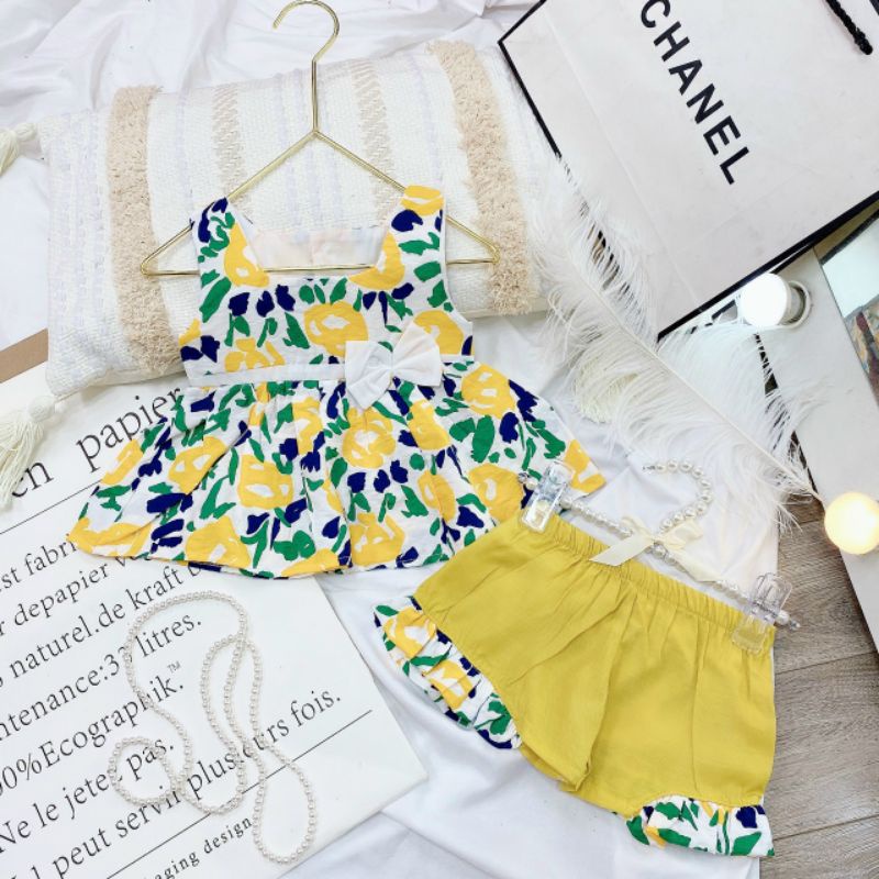 Bộ đũi hoa sát nách cổ vuông mềm mịn cho bé gái 5-25kg