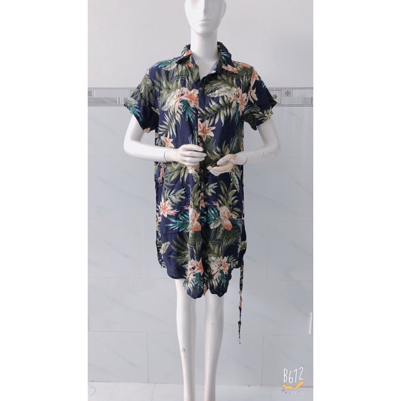 [hình thật] áo sơmi lanh dáng dài đầm sơmi kèm dây cột eo