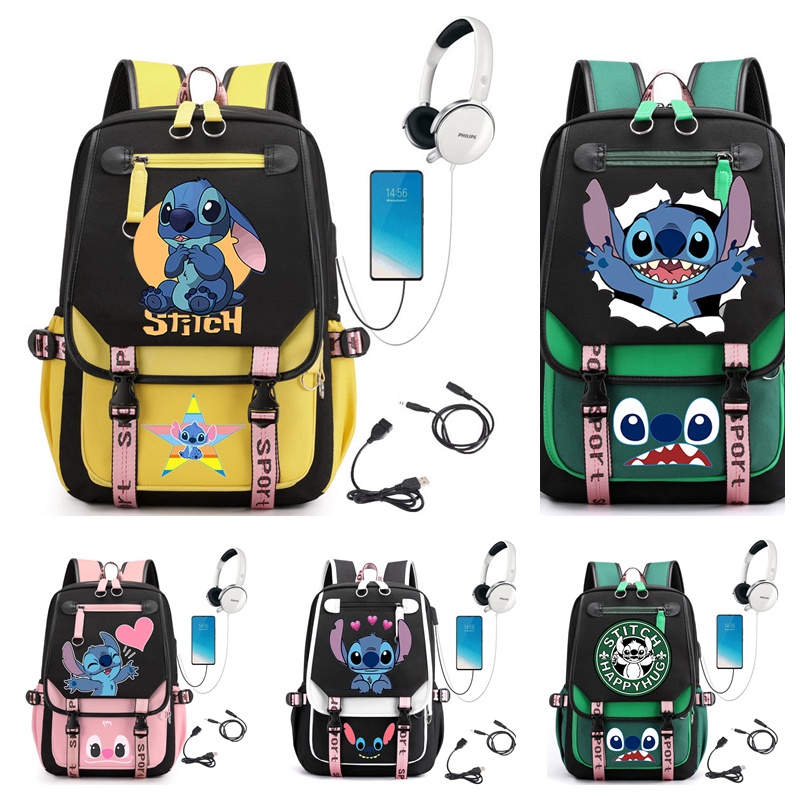 Ba Lô Du Lịch / Đi Học Đựng Máy Tính / Giao Diện USB & Tai Nghe Hình Stitch Dễ Thương Cho Nam Và Nữ