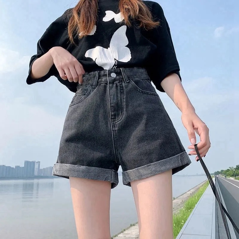 Quần short denim ống rộng lưng cao màu trơn thời trang mùa hè Hàn Quốc cho nữ