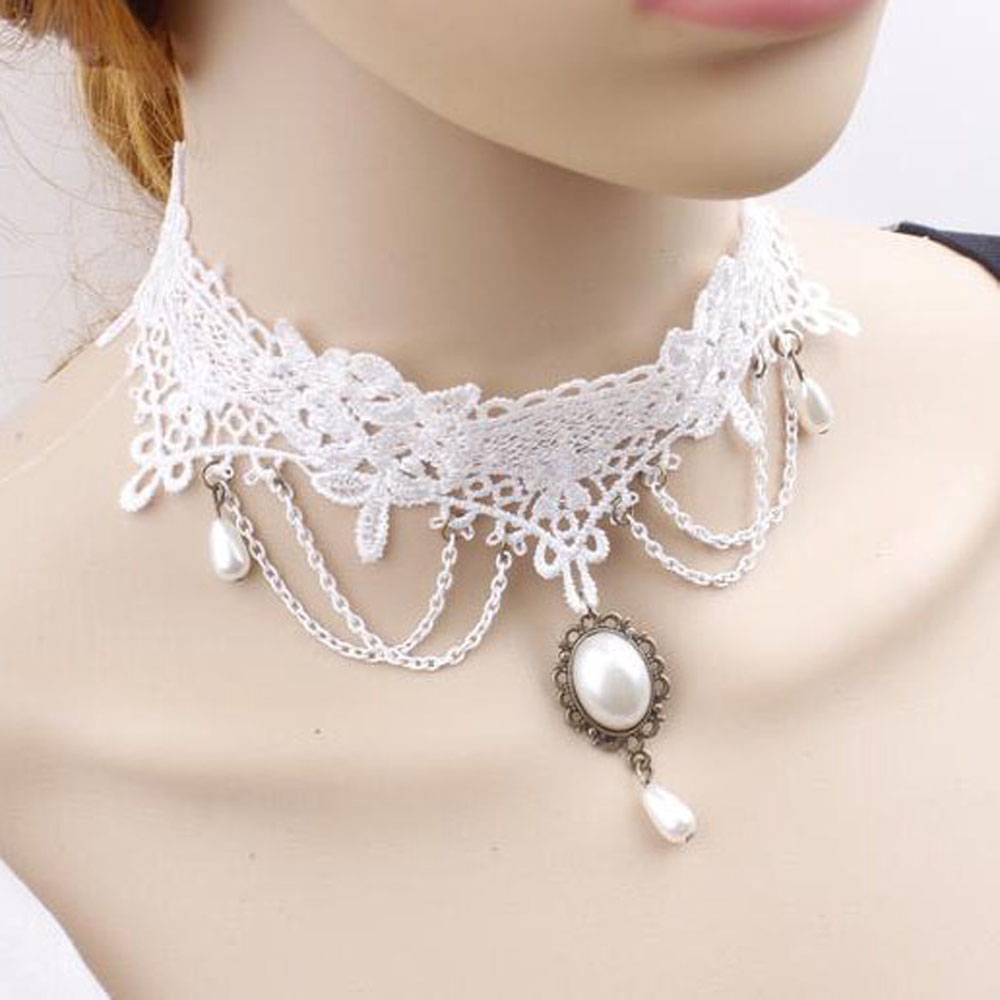 Vòng Cổ Choker Ren Hoa Trắng Thời Trang Cho Cô Dâu