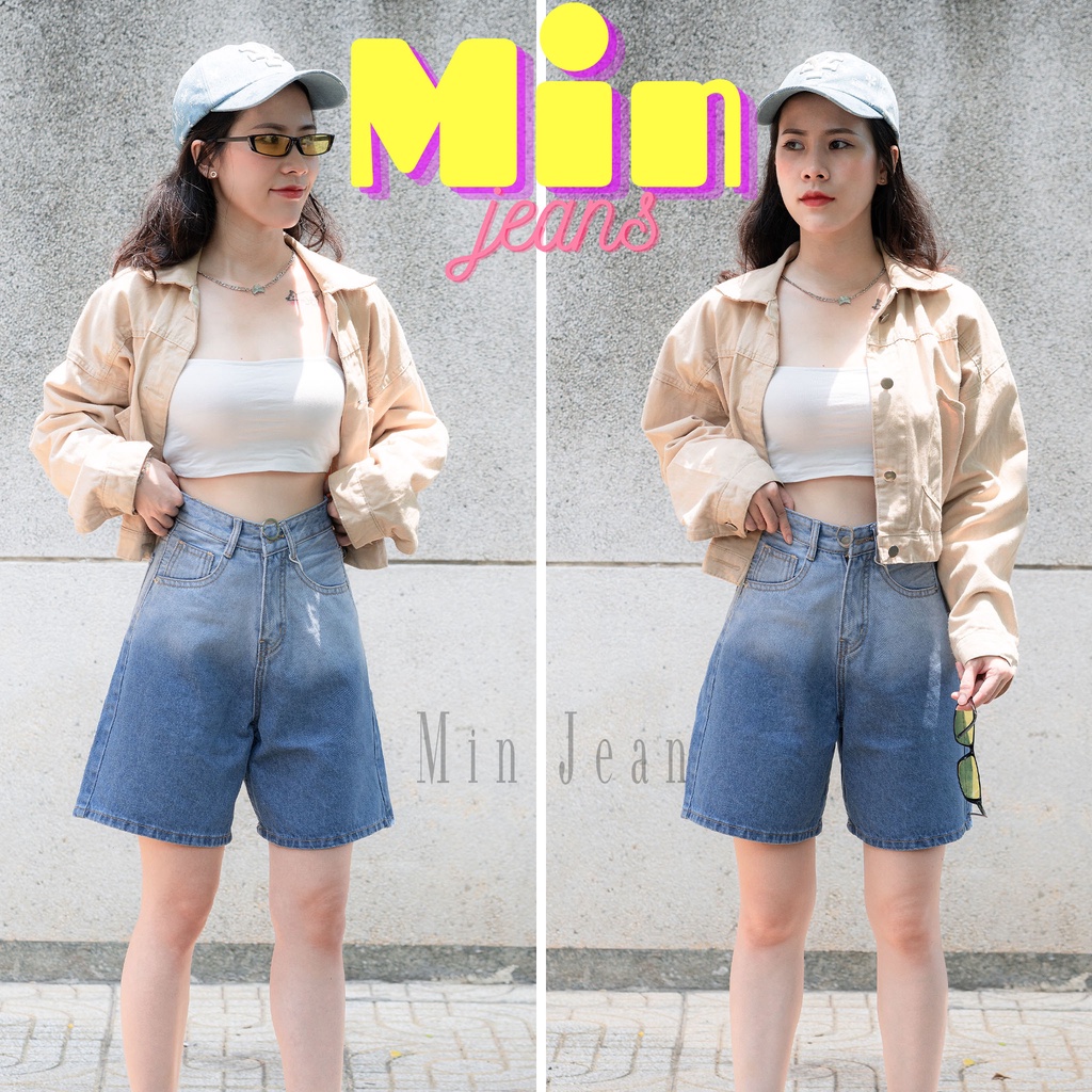 Quần Ngố Jean Nữ Lưng Cao Ombre MinJean M062 Tôn Dáng, Quần Lửng Nữ Loang Màu Lai Cuốn Vải Jean Không Co Giãn