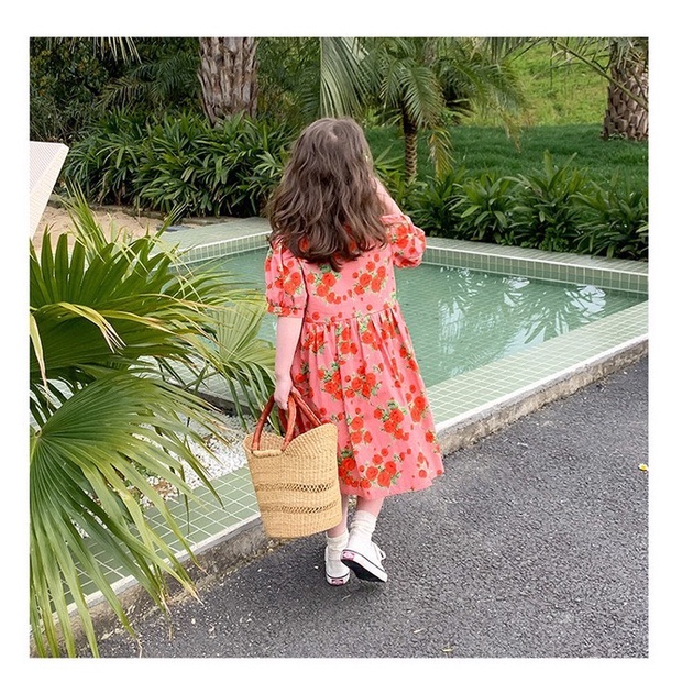 Váy bé gái đầm babydoll bé gái hoạ tiết hoa đỏ hồng size nhỡ G12