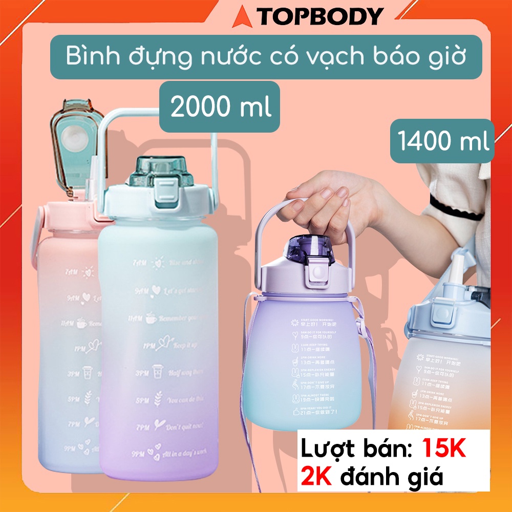Bình Nước 2 Lít Chất Liệu An Toàn - Có Vạch Báo Giờ Tiện Lợi - Topbody - T6 - BNGYM04