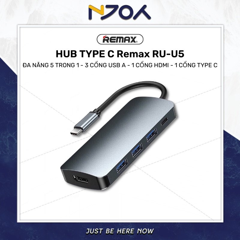 Hub Type C Chuyển Đổi REMAX Ru-U5 Đa Năng 5 Trong 1 Hỗ Trợ 3 Cổng Usb 3.0 Cổng Hdmi 4K Cổng Sạc Usb-C 100W Pd3.0