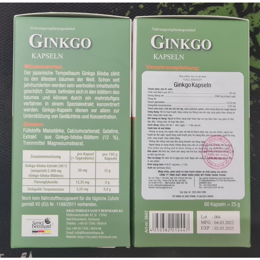 Ginkgo Kapseln (Lọ 60 viên) của Đức - Hỗ trợ hoạt huyết, tăng cường máu lên não, giúp giảm thiểu năng tuần hoàn não