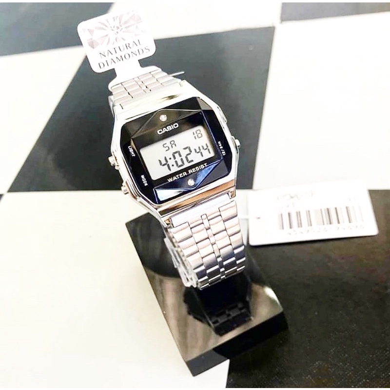 Đồng hồ Nam Casio A159WAD-1, đồng hồ chính hãng, bạc mặt đen kim cương