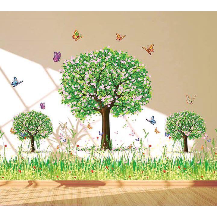 DECAL DÁN TƯỜNG BA CÂY XANH VÀ CHÂN TƯỜNG CỎ XANH