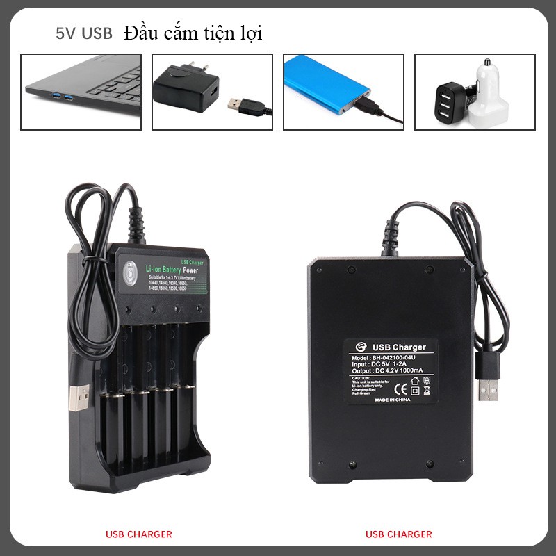 Sạc Pin 18650 - 04U Tự ngắt và có đèn báo khi đầy BMAX 4 Khe cao cấp dùng cho pin 18650 - BH-042100-04U