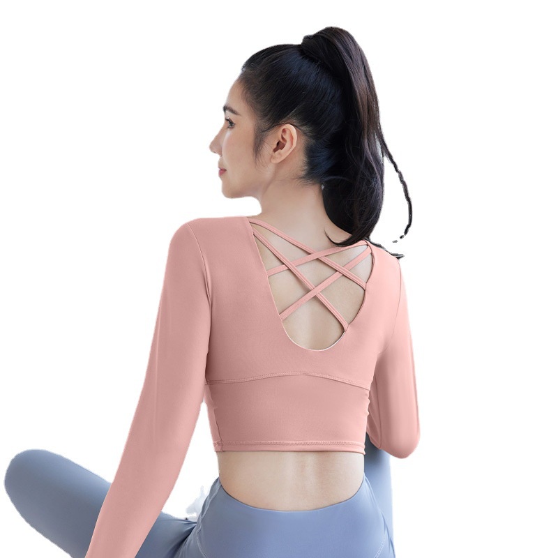 Áo Thun Thể Thao Tay Dài Có Mút Đệm Ngực Dây Chéo Lưng Thoáng Khí Tập Yoga
