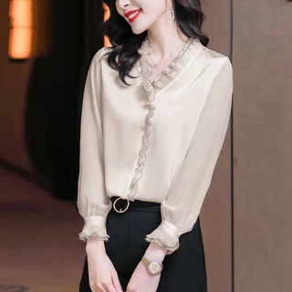 Áo Kiểu Vải Chiffon Cổ V Tay Dài Thời Trang Công Sở Cao Cấp Cho Nữ
