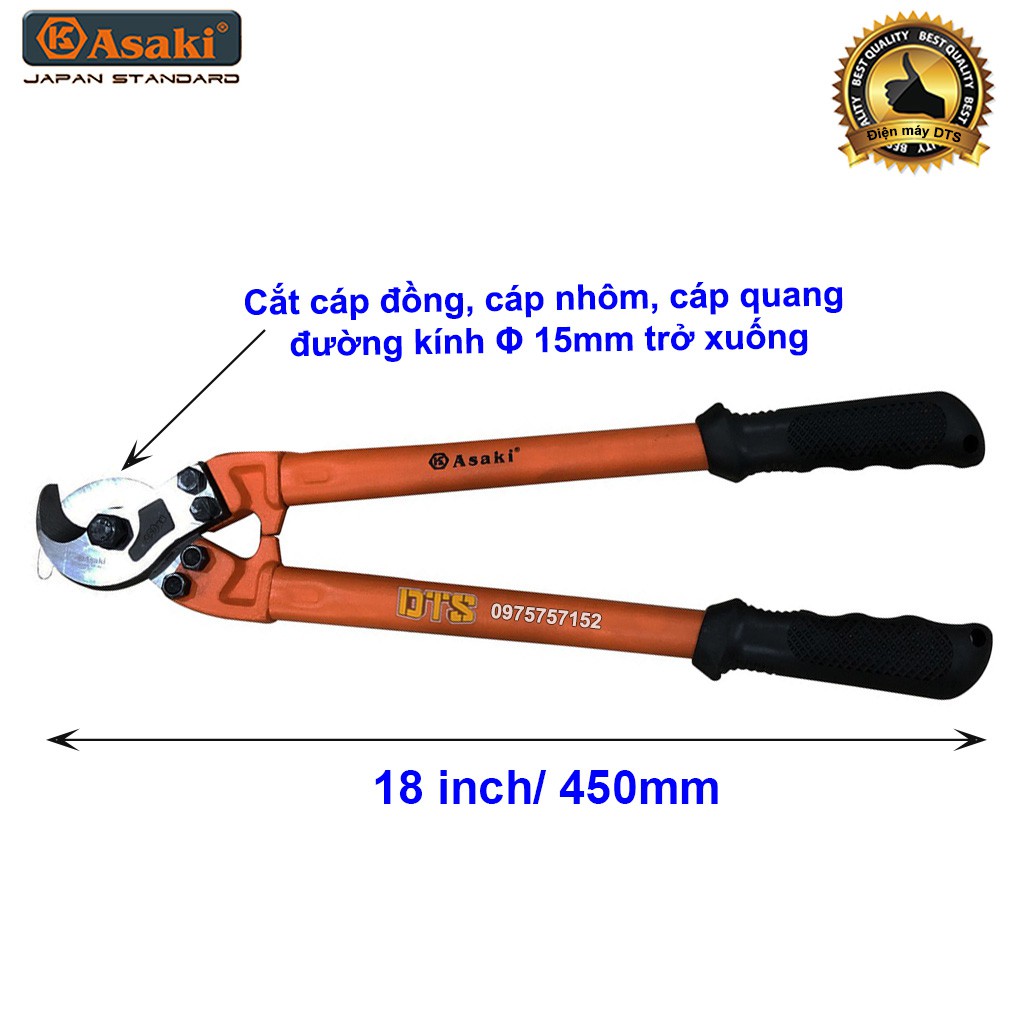 Kìm cắt cáp điện, cáp đồng, nhôm, cáp quang Asaki AK-8211 18inch/ 450mm (Khả năng cắt cáp đường kính Φ 15mm)