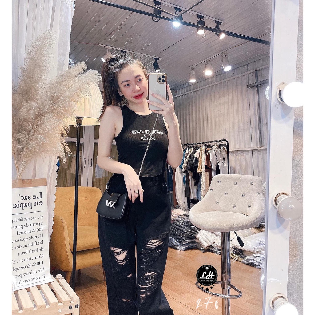 Quần bò baggy đen rách tua rua hiện đại cá tính Lê Huy fashion Ms 270
