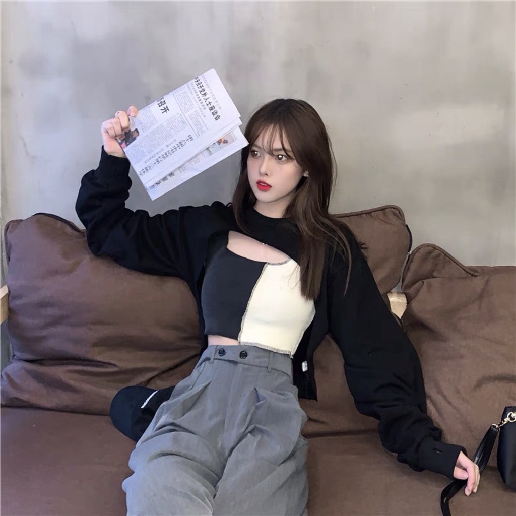 Set Áo Thun Sweater Croptop Dài Tay Cutout + Áo 3 Lỗ Phối Màu Đen Trắng - Bộ Áo Croptop Tay Dài Kèm Áo Trong 2 Màu