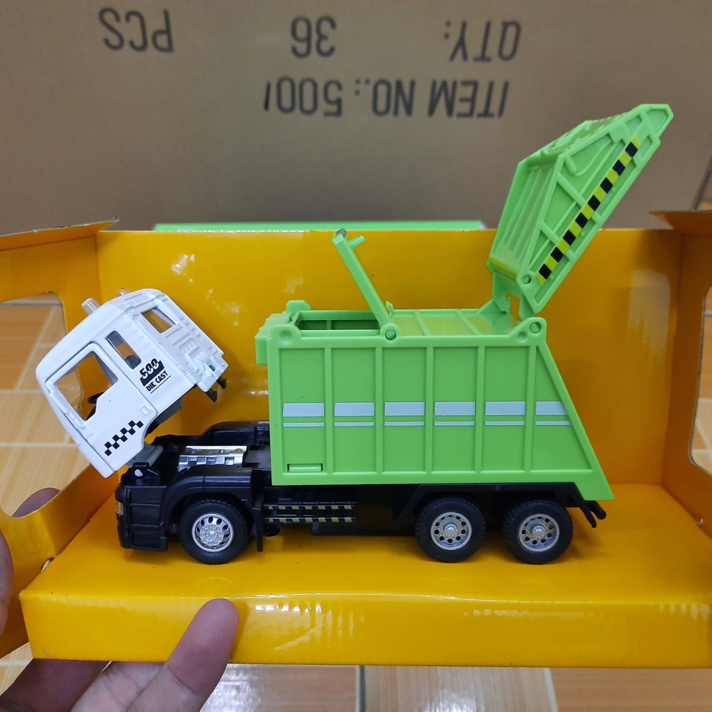 Ô tô chở rác đồ chơi trẻ em - Mô hình xe có âm thanh và đèn cabin xe bằng sắt tỉ lệ 1:50