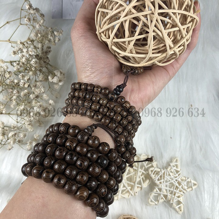 Vòng tay phong thủy tràng 108 hạt gỗ munFREESHIP Vòng gỗ mun lông công chuỗi 108 hạt