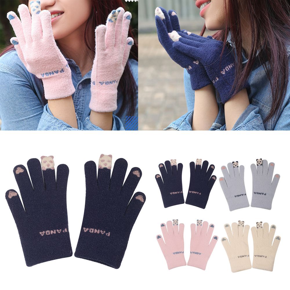 Okdeals Găng Tay Dệt Kim Dày Dặn Ấm Áp Hình Mèo Hoạt Hình Có Thể Chạm Màn Hình Cảm Ứng Mùa Đông Cho Nữ Ngoài Trời