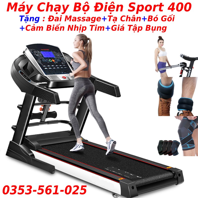 Máy chạy bộ tại nhà sport 400 bằng điện tặng đai rung massage giảm mỡ toàn thân + tạ chân yoga + bó gối + giá tập bụng